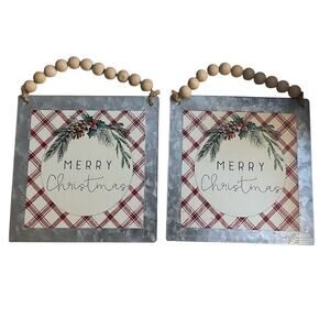 2-Merry Christmas Tree Ornaments Farmhouse Wooden Bead Hang Galvanized Metal